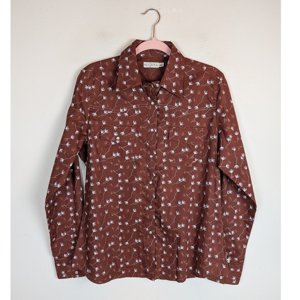 Rockies Shirt Lg Brown Western Pearl Snap Dandelion Print Cowgirl Rodeo Riding